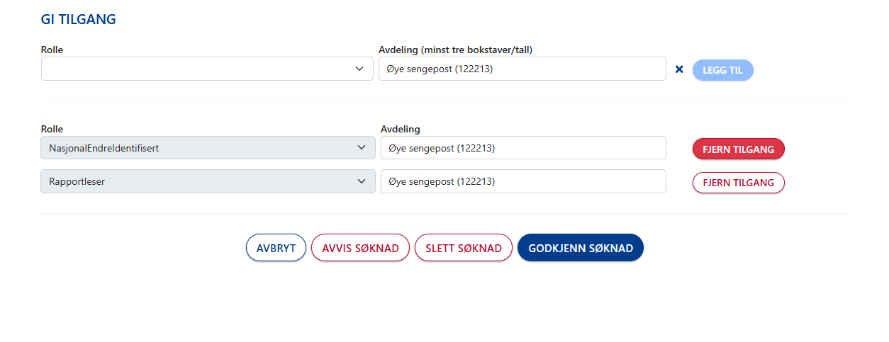 Søknad som viser en kombinasjon av rolle og avdeling som er lagt til, med knapp for å fjerne tilgangen.